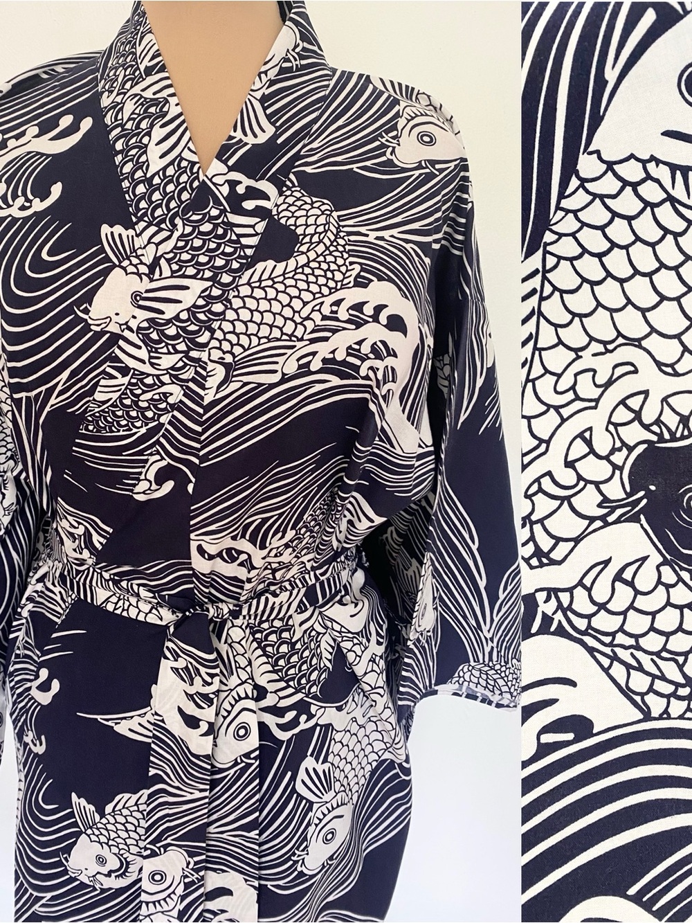 Men's Long Navy Blue Kimono *Size 58* Japanese Cotton Koi Fish Belted Robe